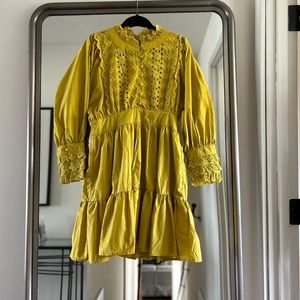 EMBROIDERED FLORAL EYELET FRILLING DRESS IN MUSTARD